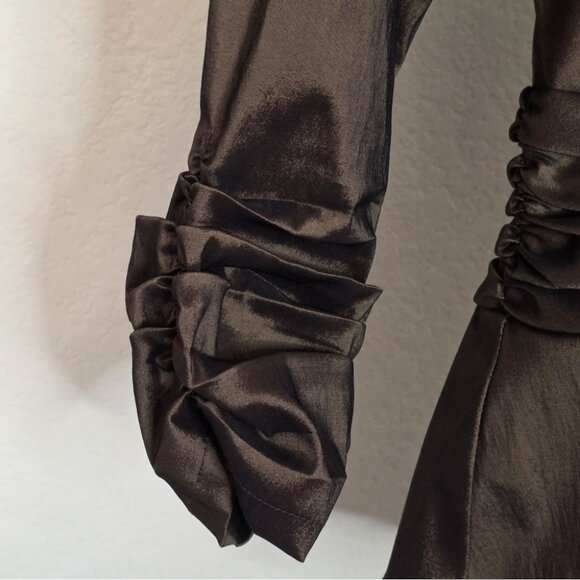 Tadashi Collection Chocolate Brown NWT Satin Blouse Sz 8 Ruched Cuffs Bow Detail - Picture 10 of 10
